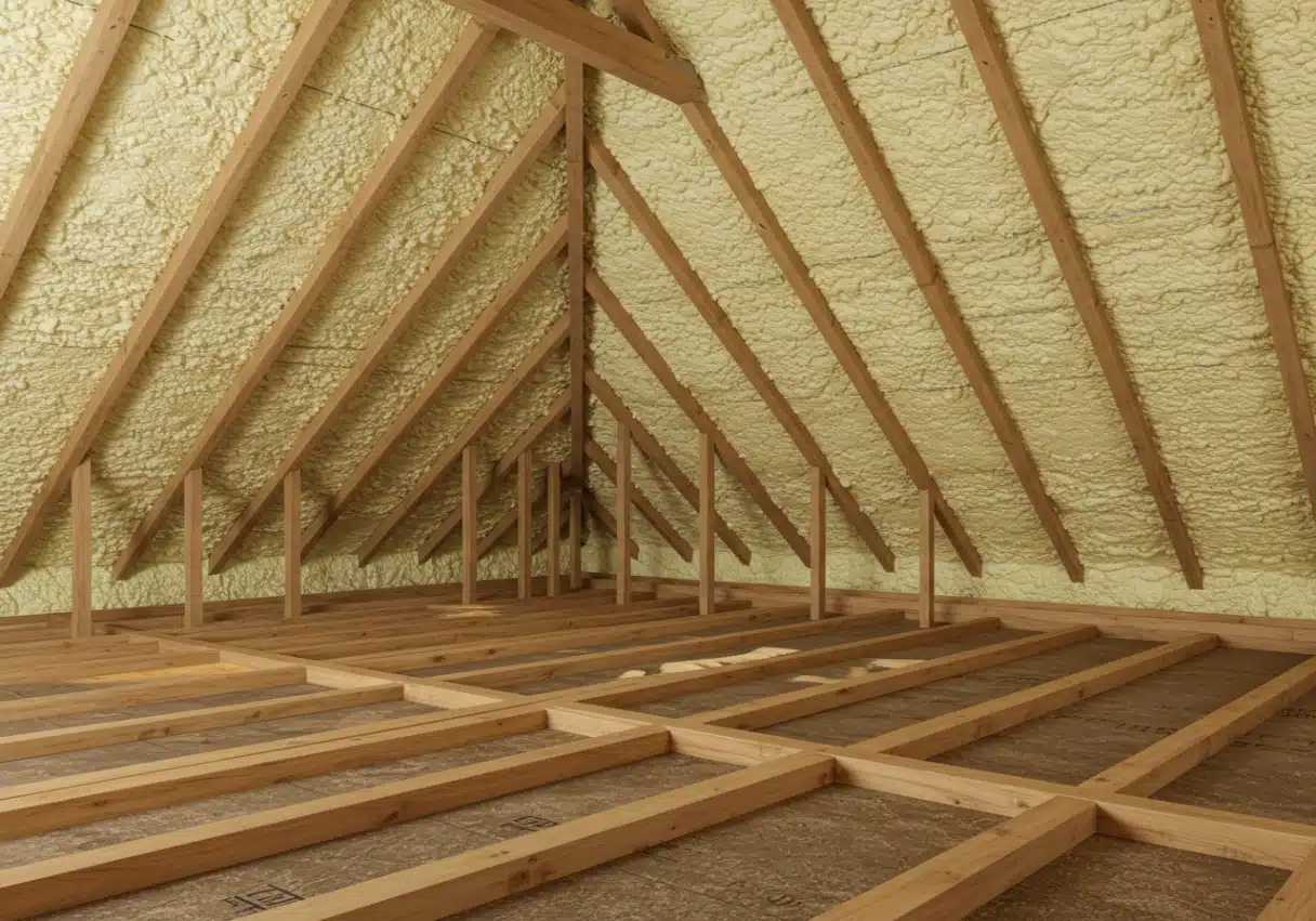 Professional energy auditor from Makeover Insulation in an attic, using a gauge to measure existing insulation depth and density, determining the current R-value and future needs for a home's climate zone.