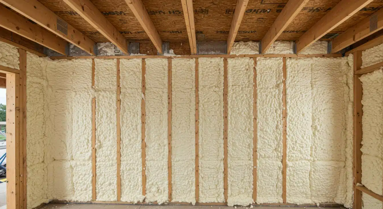 Makeover Insulation technician applying advanced spray foam insulation in the wall cavity of a high-end Alpharetta home under construction, showcasing a commitment to peak energy performance and long-term value.